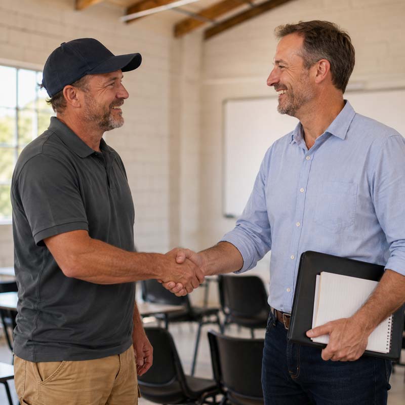 Contractor and home inspector shaking hands after an OHIN continuing education class