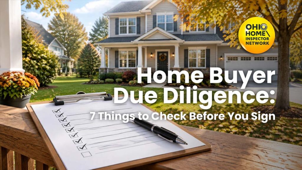 Ohio home buyer due diligence checklist on a clipboard in front of a suburban home