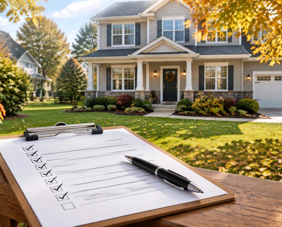Ohio home buyer due diligence checklist on a clipboard in front of a suburban home